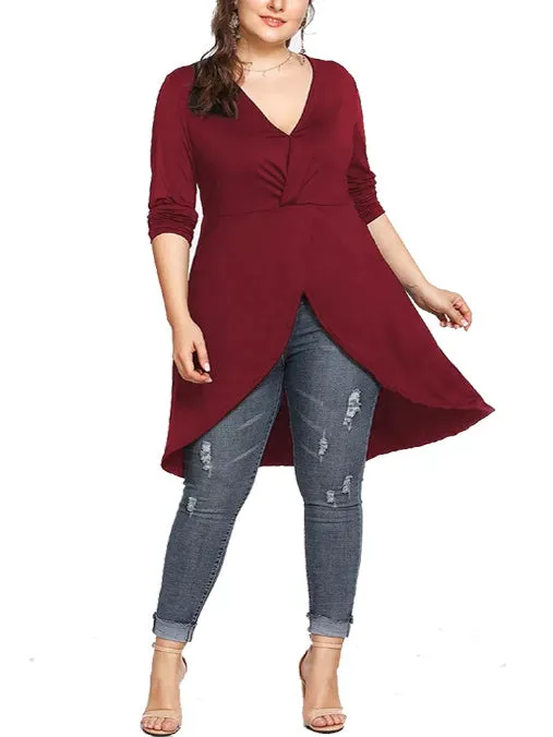 Plus Size V-neck Irregular Long-sleeved T-shirt Blouse