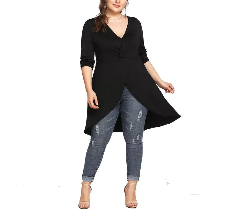 Plus Size V-neck Irregular Long-sleeved T-shirt Blouse