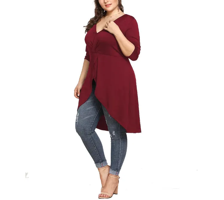 Plus Size V-neck Irregular Long-sleeved T-shirt Blouse
