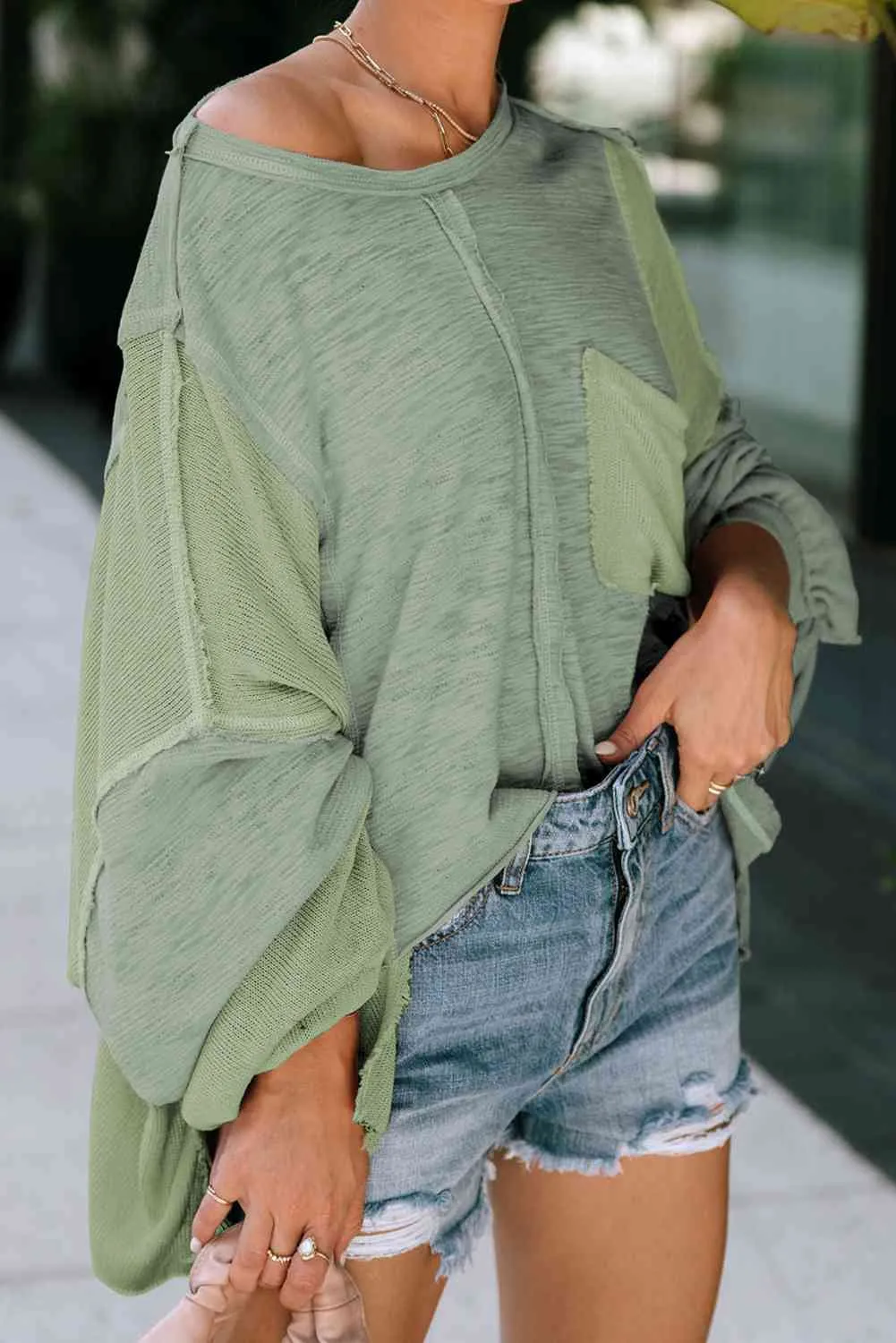 Pollie Exposed Seam Round Neck Top with Pocket