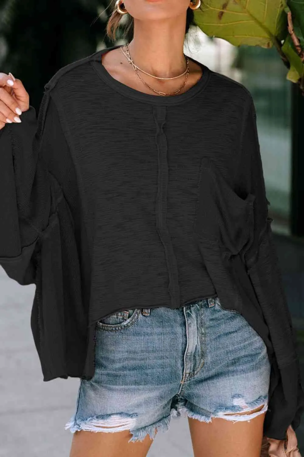 Pollie Exposed Seam Round Neck Top with Pocket
