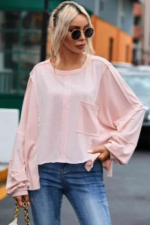 Pollie Exposed Seam Round Neck Top with Pocket