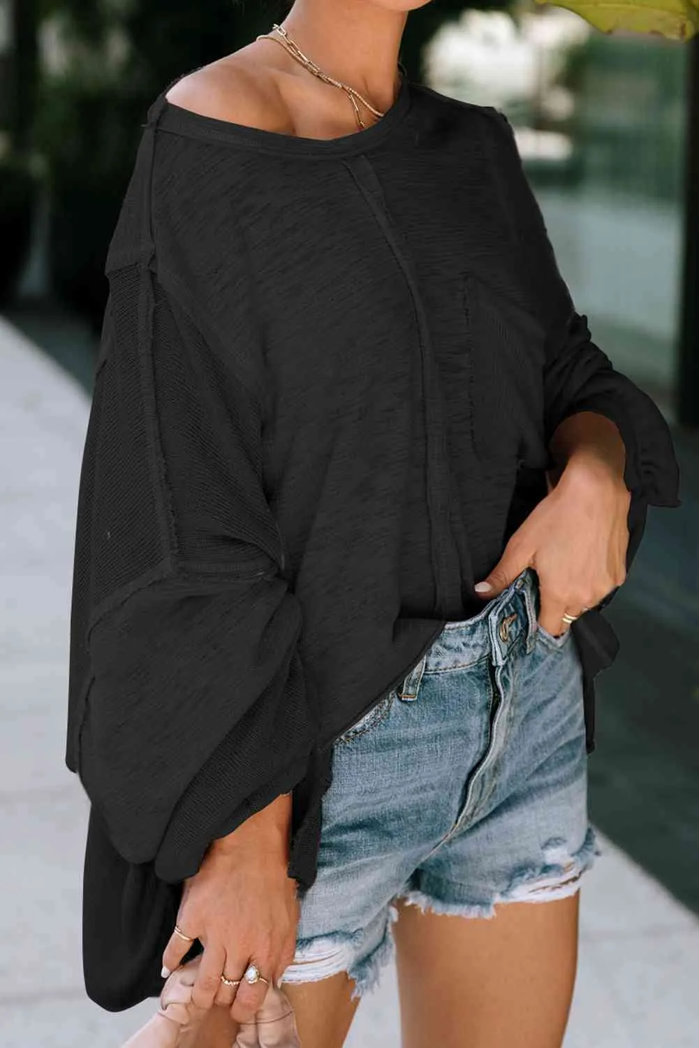 Pollie Exposed Seam Round Neck Top with Pocket