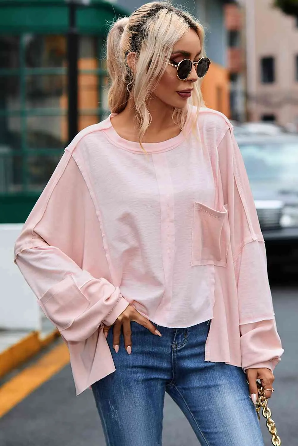 Pollie Exposed Seam Round Neck Top with Pocket