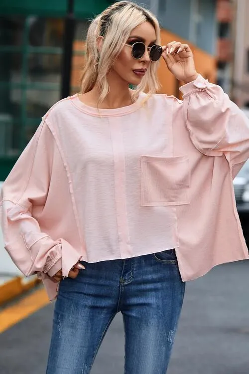 Pollie Exposed Seam Round Neck Top with Pocket