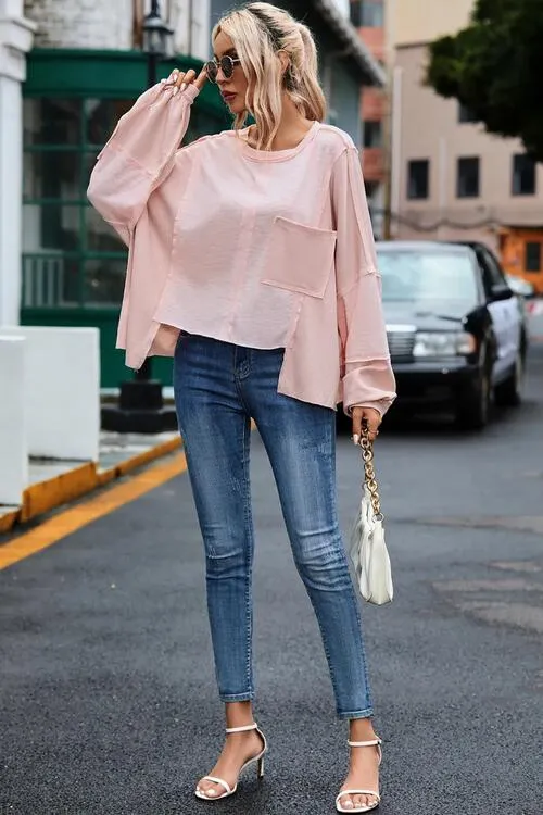 Pollie Exposed Seam Round Neck Top with Pocket