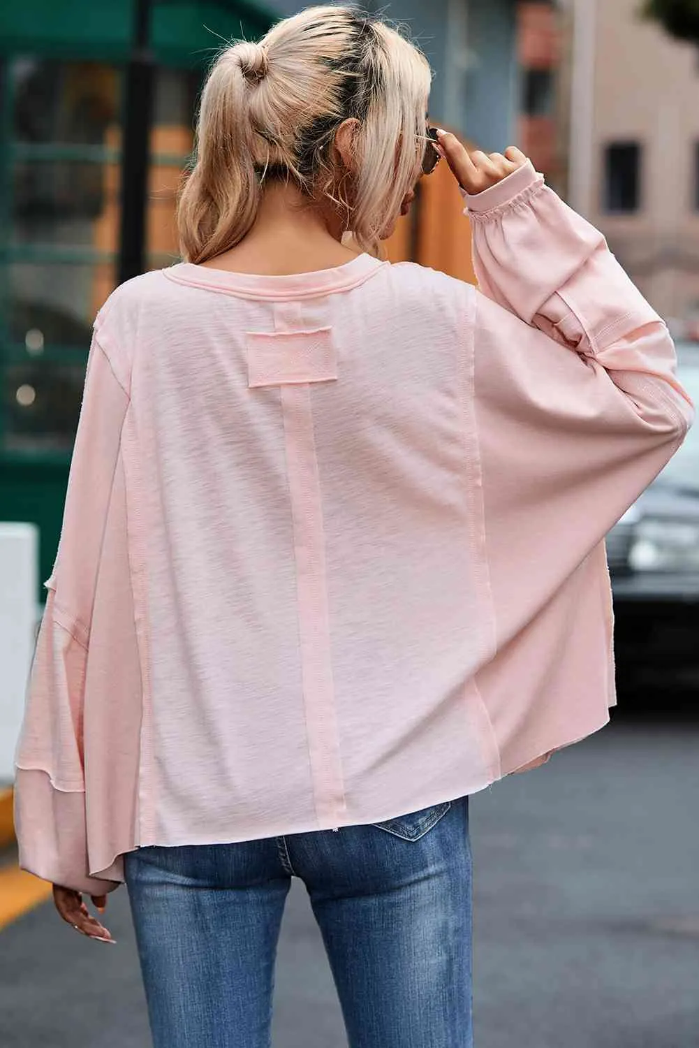 Pollie Exposed Seam Round Neck Top with Pocket