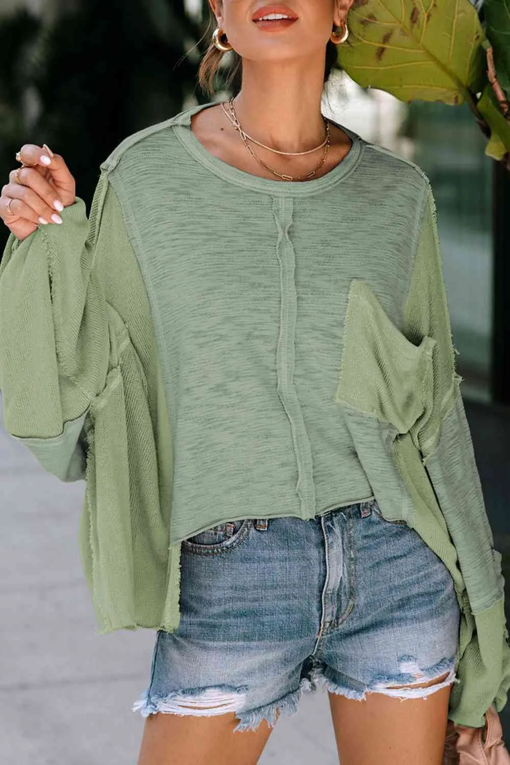 Pollie Exposed Seam Round Neck Top with Pocket