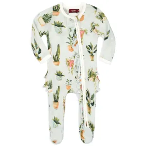 Potted Plants Bamboo Ruffle Zipper Footed Romper