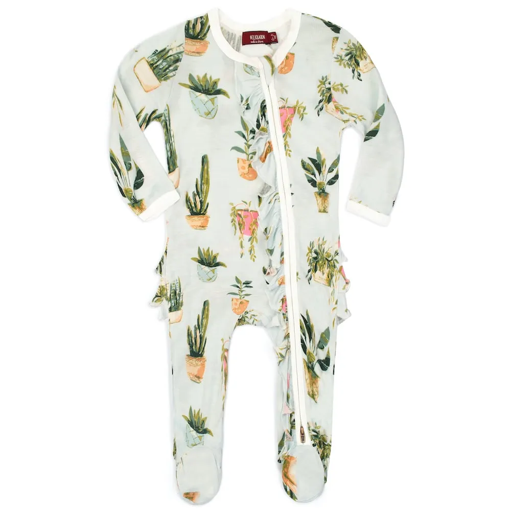 Potted Plants Bamboo Ruffle Zipper Footed Romper
