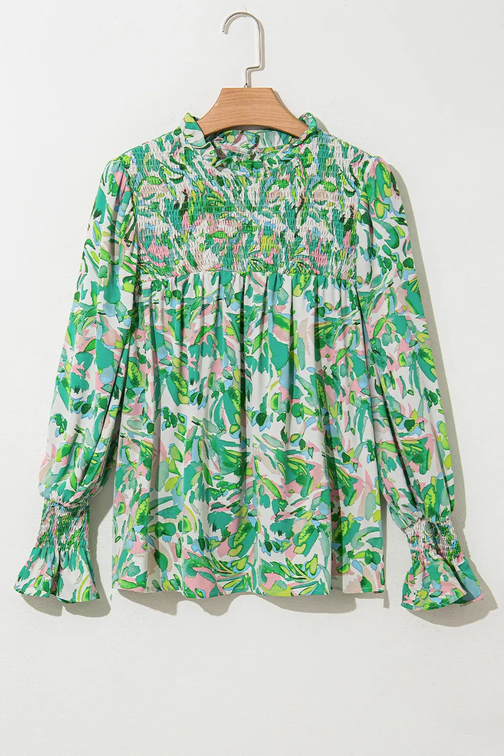 Printed Mock Neck Flounce Sleeve Blouse