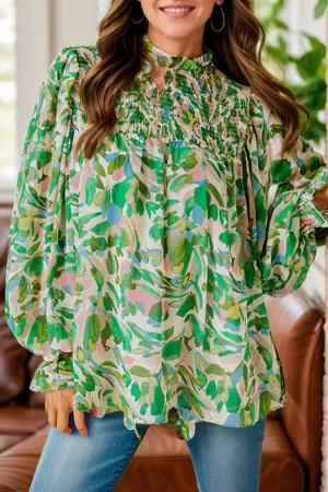 Printed Mock Neck Flounce Sleeve Blouse