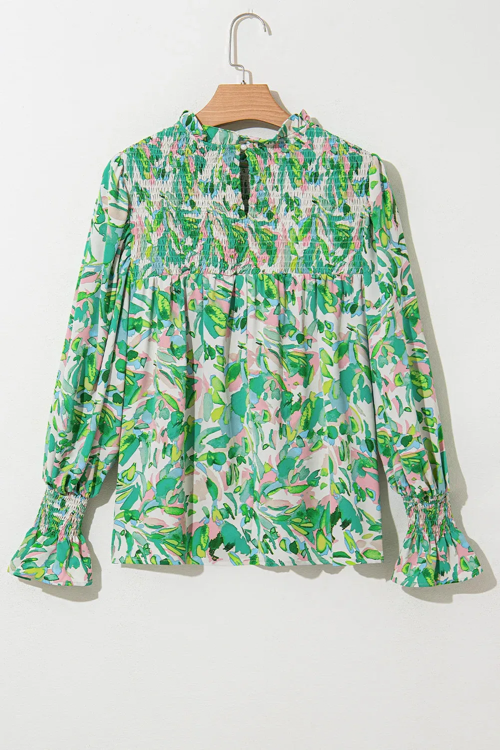 Printed Mock Neck Flounce Sleeve Blouse
