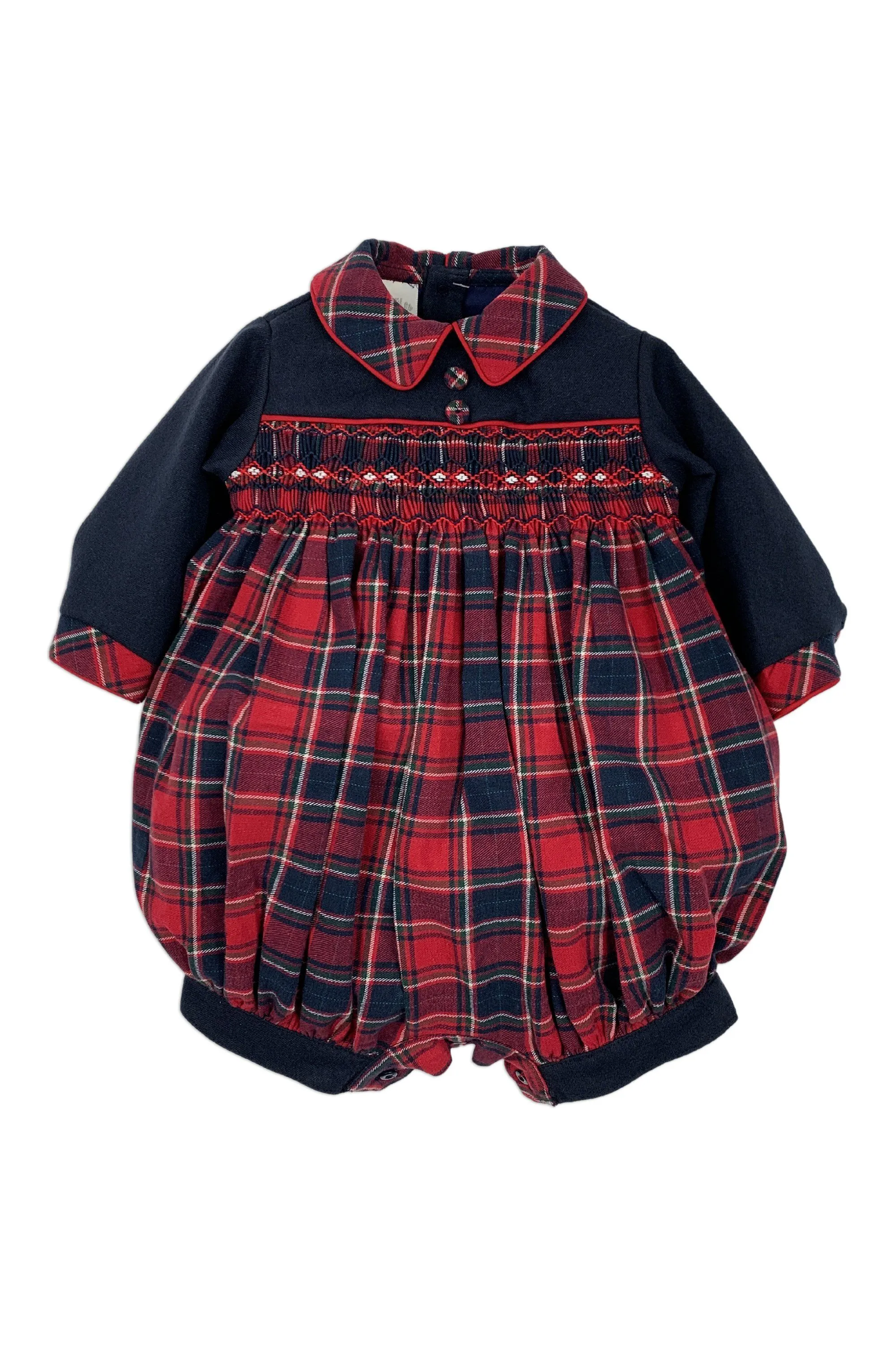 "Celyn" Navy & Red Tartan Smocked Romper