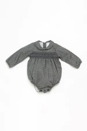 "Eugene" Grey Polka Dot Smocked Romper
