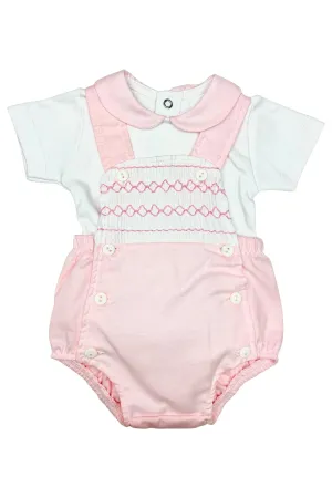 "Evie" Pink Smocked Dungaree Romper Set