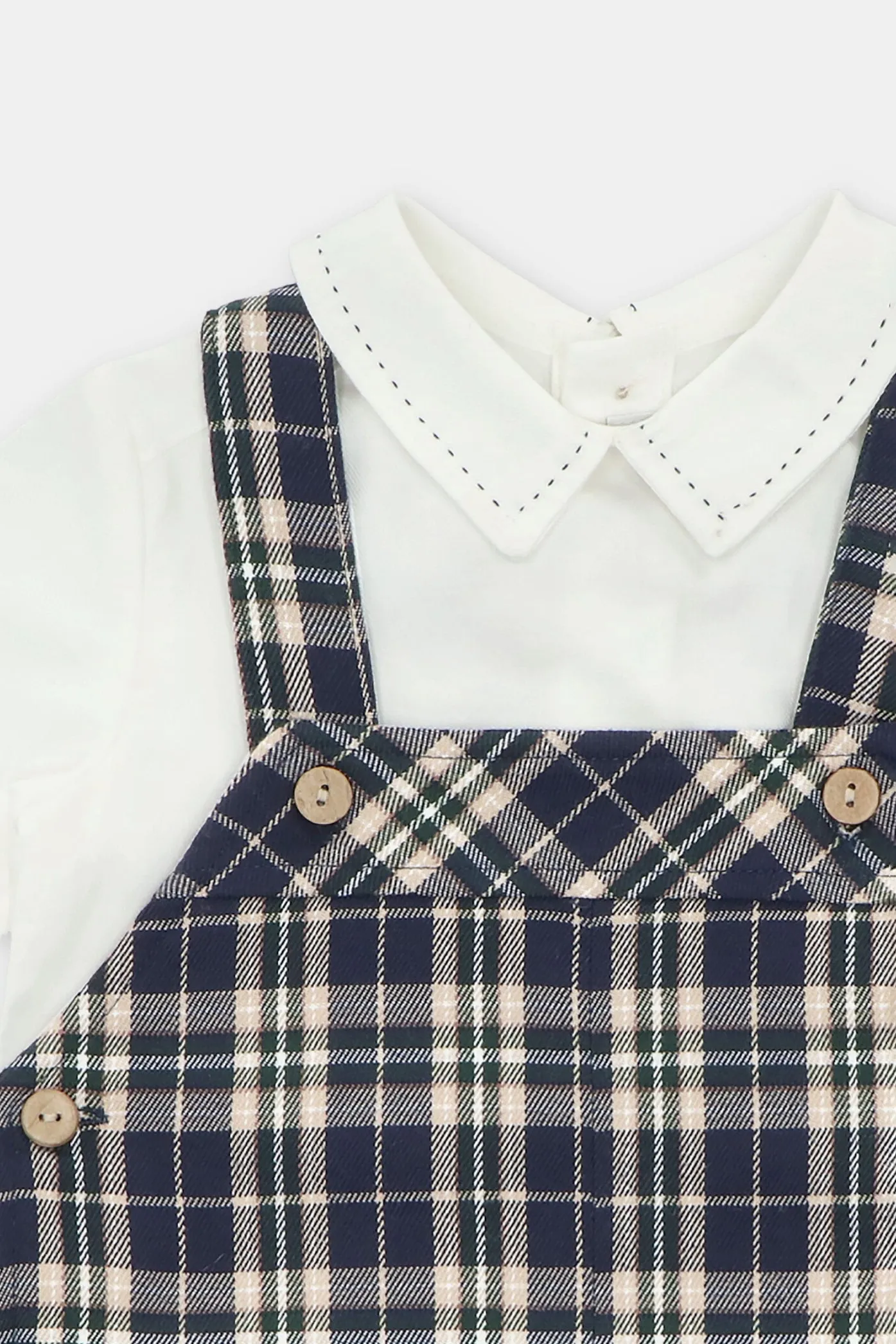 "Ezra" Shirt & Navy Tartan Dungaree Romper