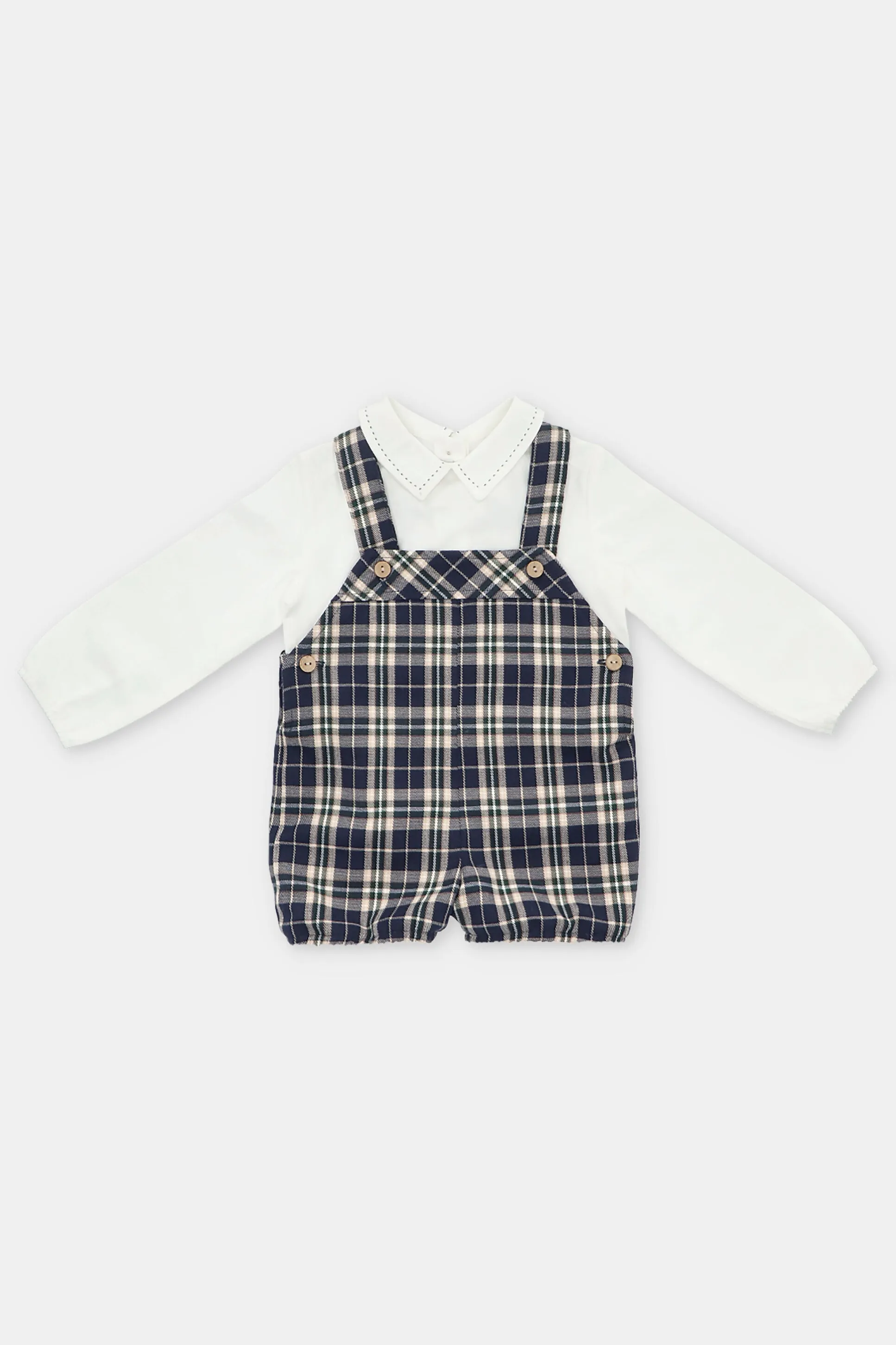 "Ezra" Shirt & Navy Tartan Dungaree Romper