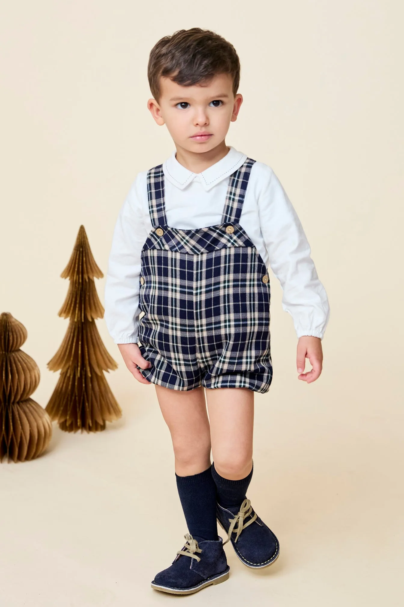"Ezra" Shirt & Navy Tartan Dungaree Romper