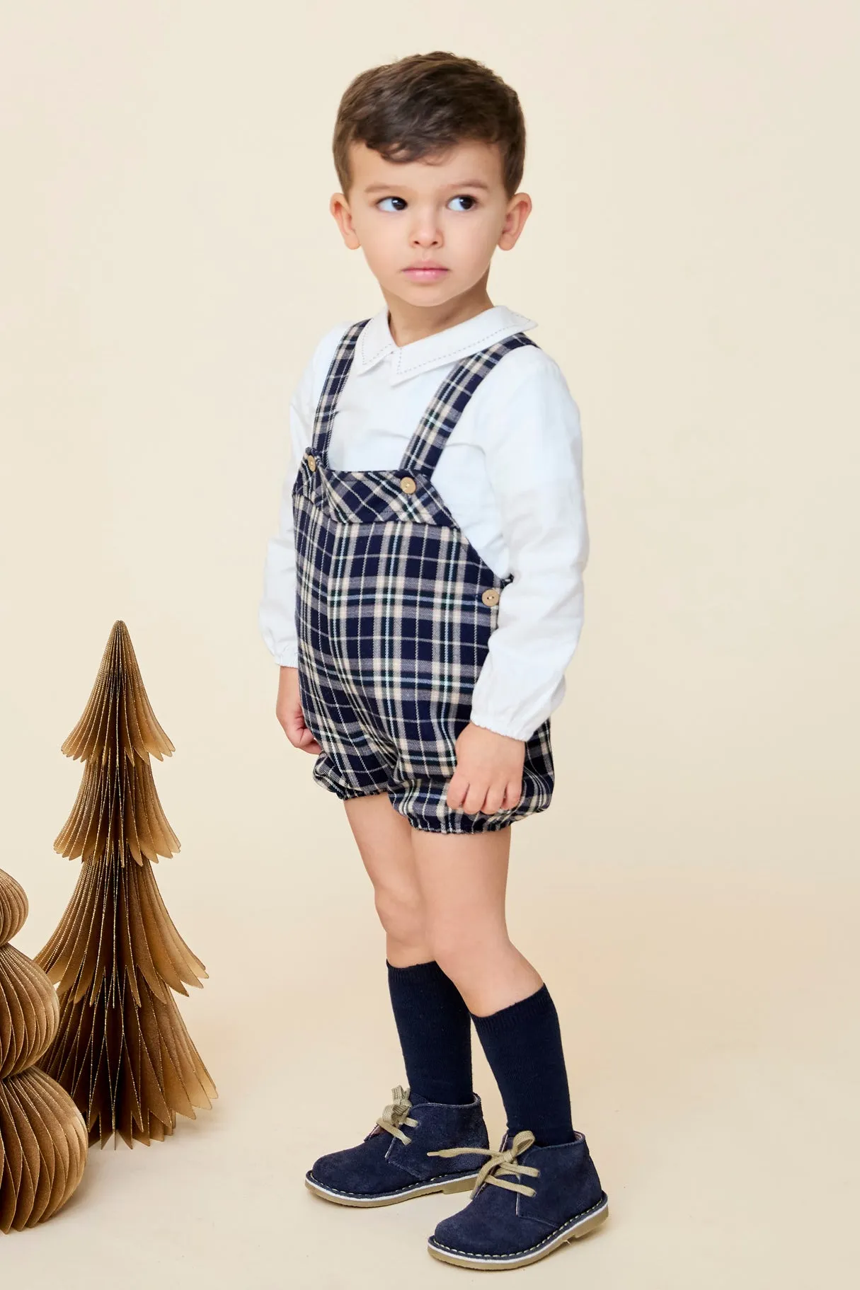 "Ezra" Shirt & Navy Tartan Dungaree Romper