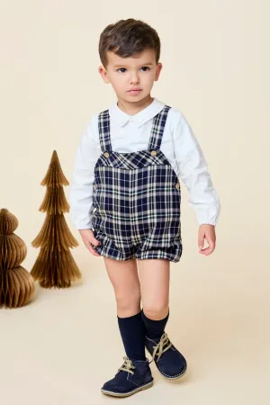 "Ezra" Shirt & Navy Tartan Dungaree Romper
