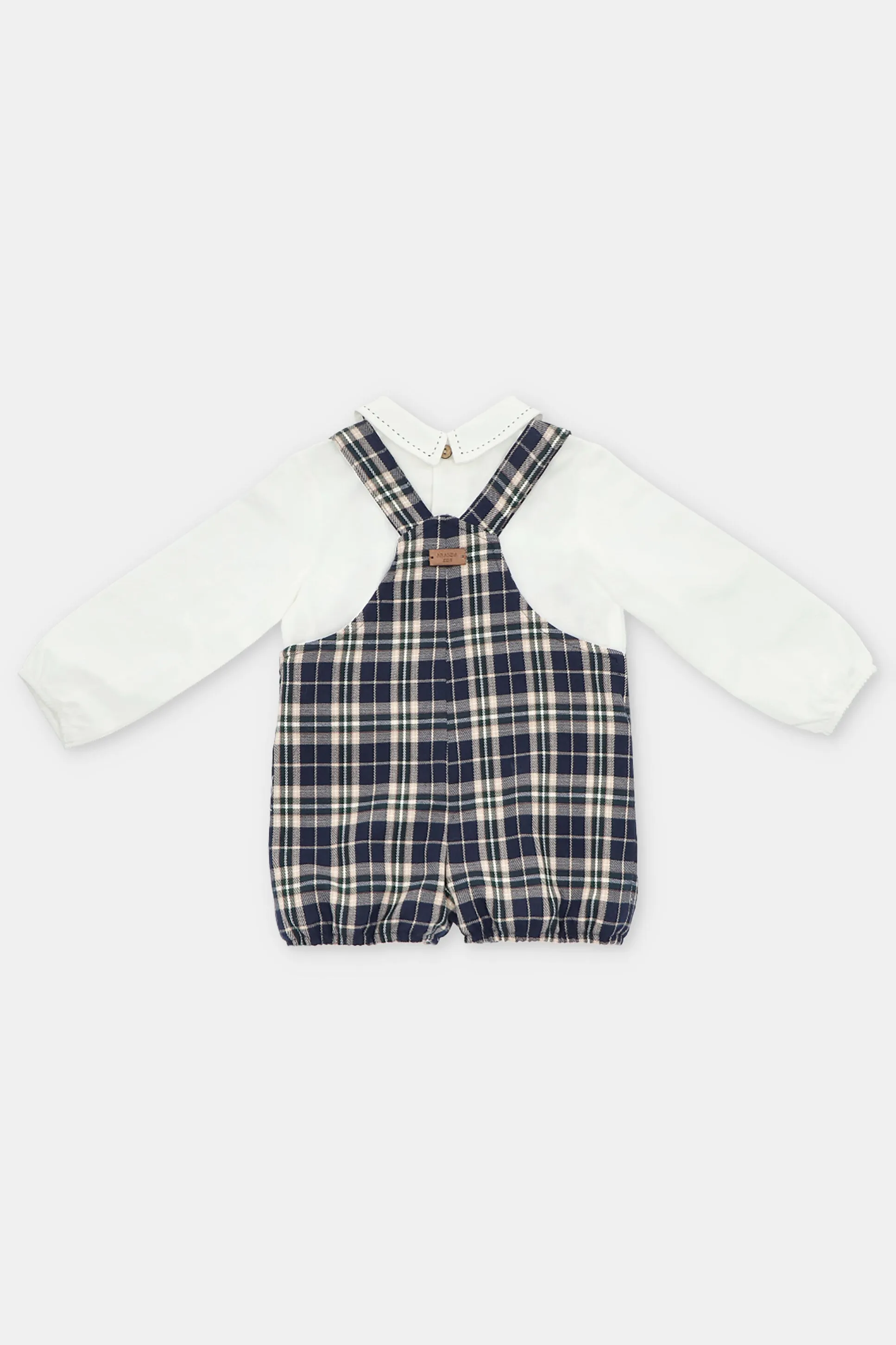 "Ezra" Shirt & Navy Tartan Dungaree Romper