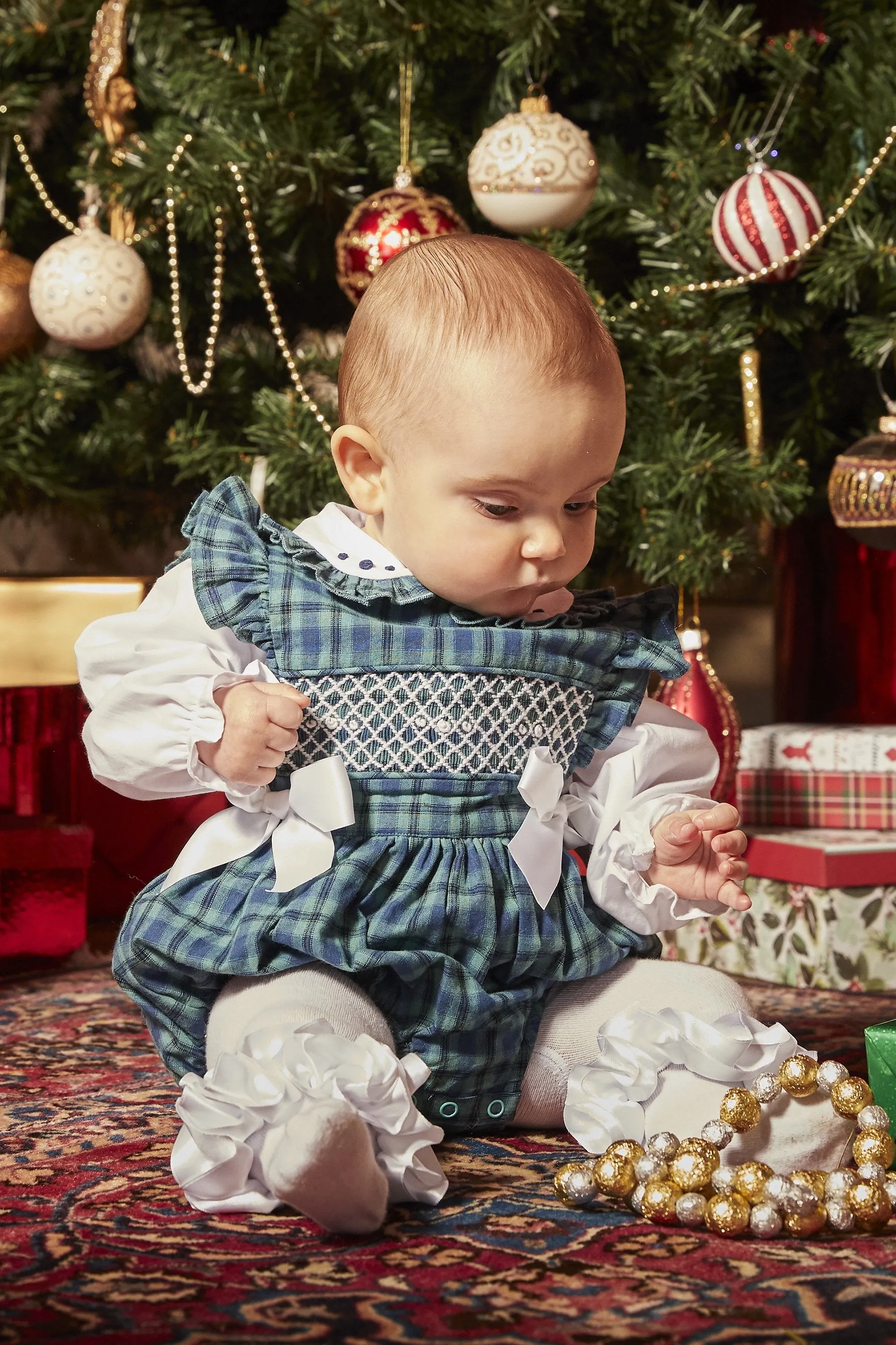 "Hollie" Bottle Green Tartan Smocked Romper Set