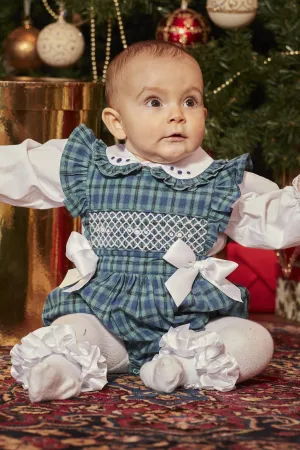 "Hollie" Bottle Green Tartan Smocked Romper Set