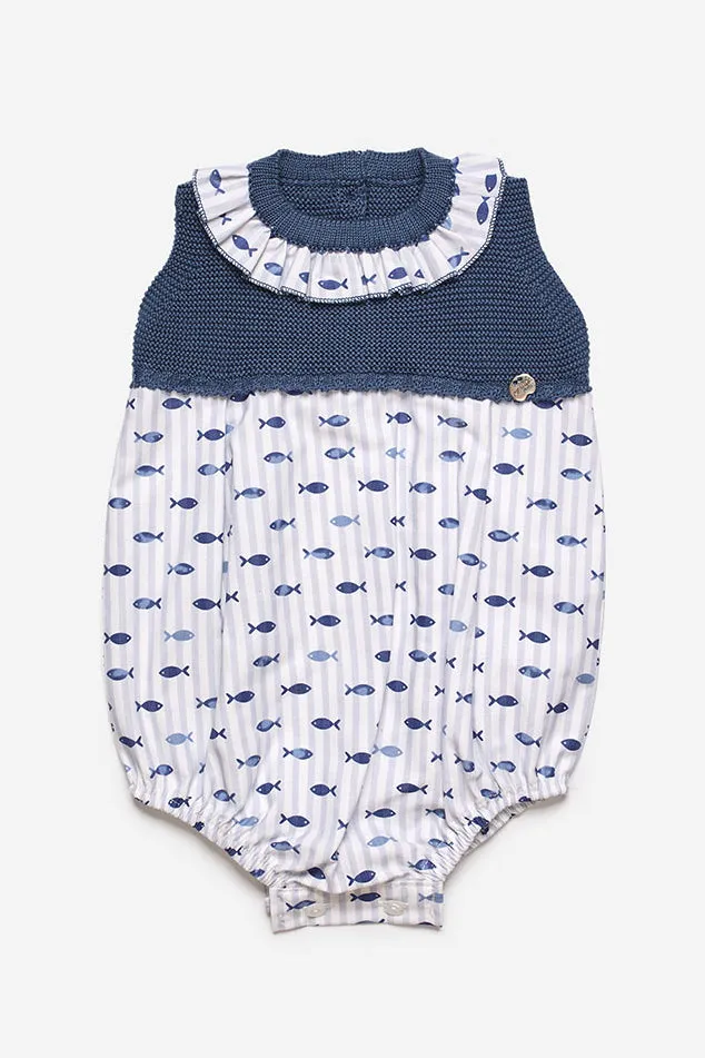 "Tatum" Midnight Blue Half Knit Fish Romper