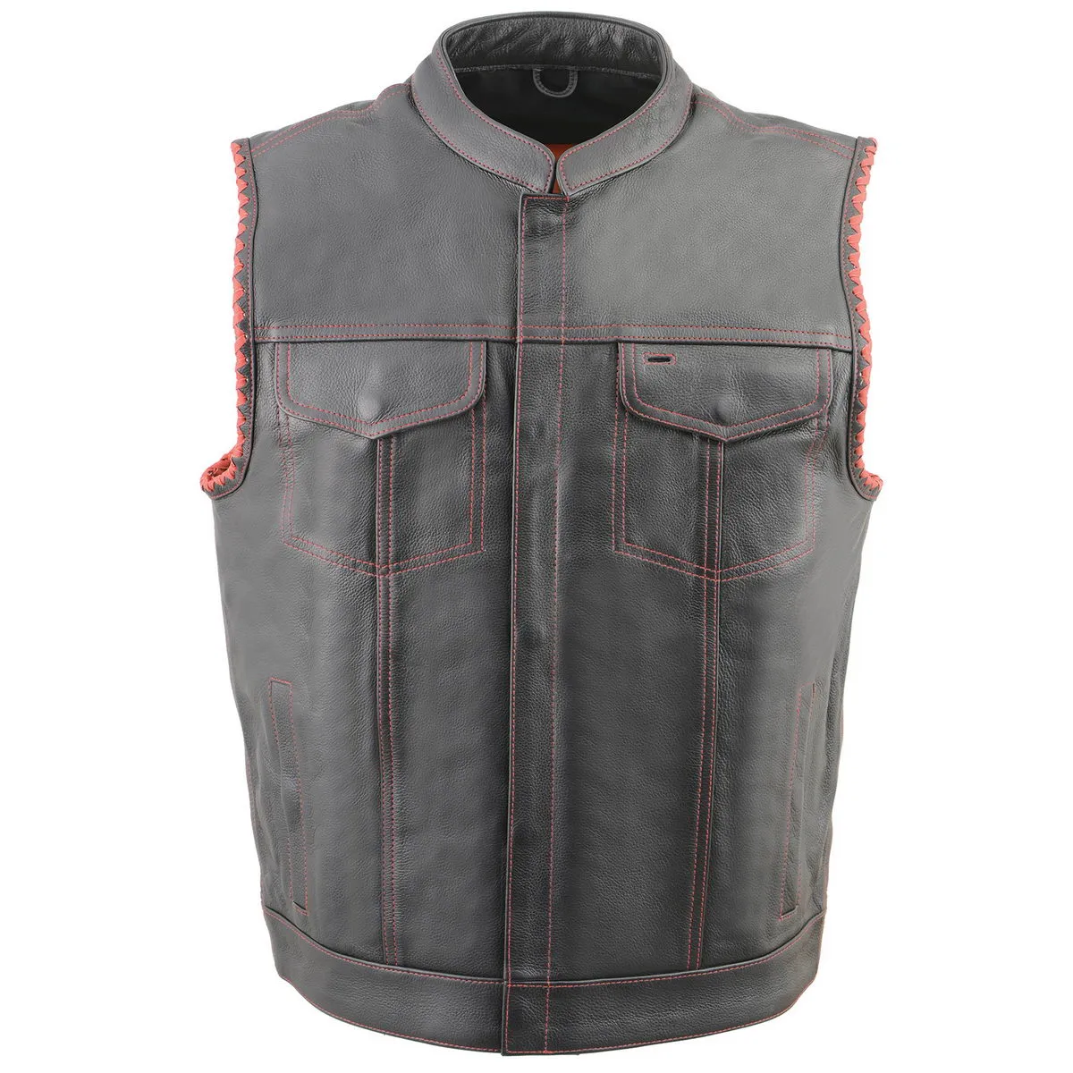 Red Stitching MLM3506 Men's Black Naked Leather Vest - Old Glory Laced Armholes Club Style Vest