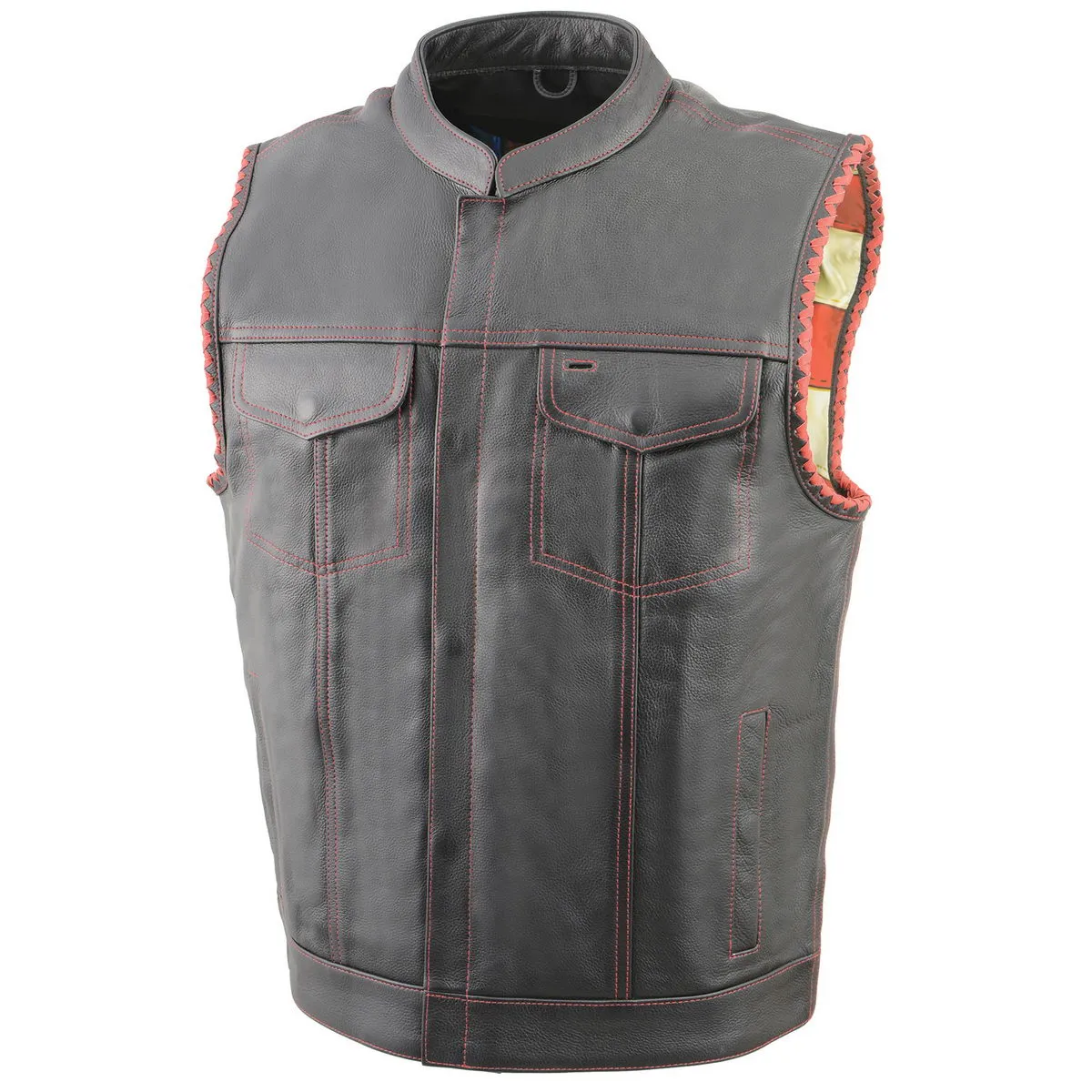 Red Stitching MLM3506 Men's Black Naked Leather Vest - Old Glory Laced Armholes Club Style Vest