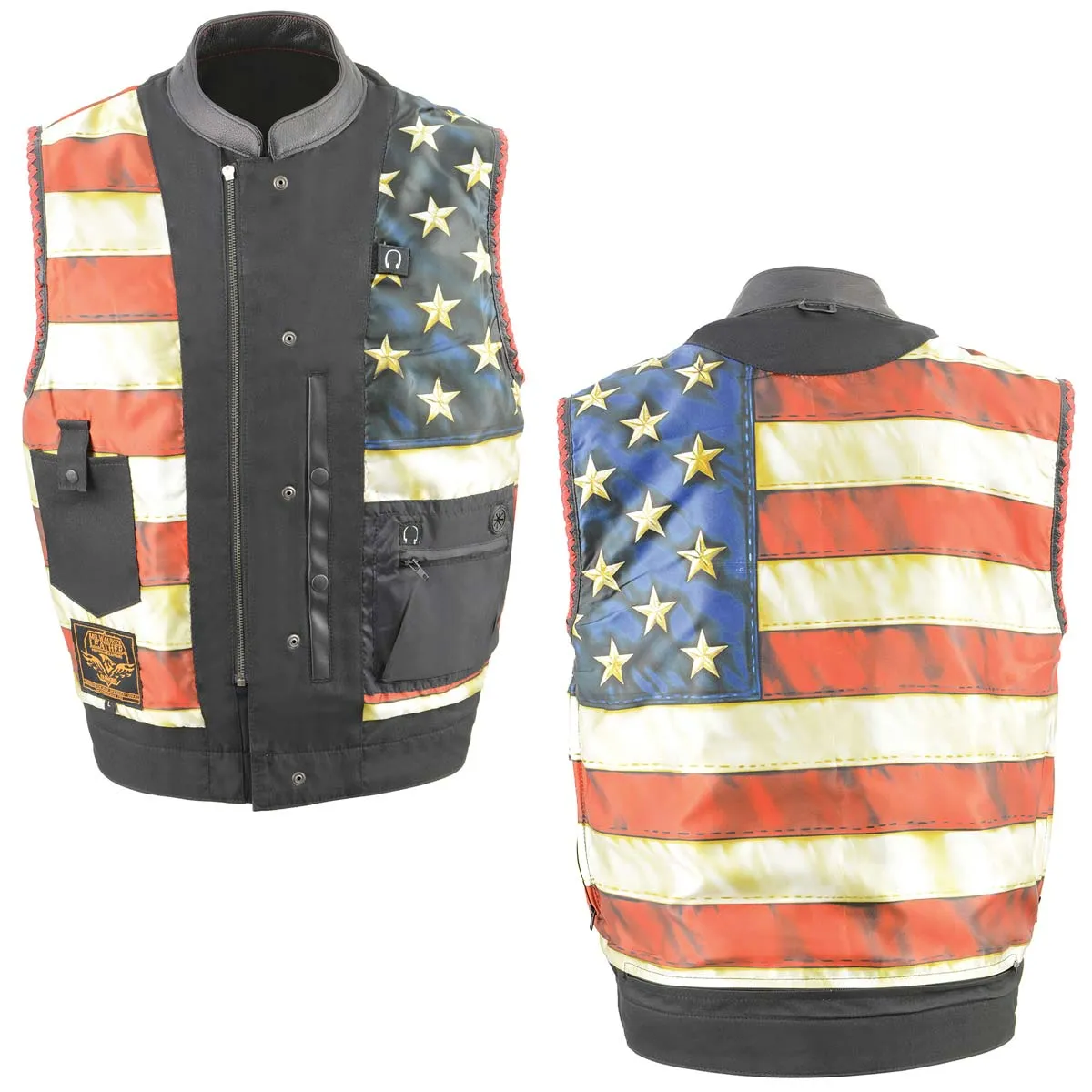 Red Stitching MLM3506 Men's Black Naked Leather Vest - Old Glory Laced Armholes Club Style Vest