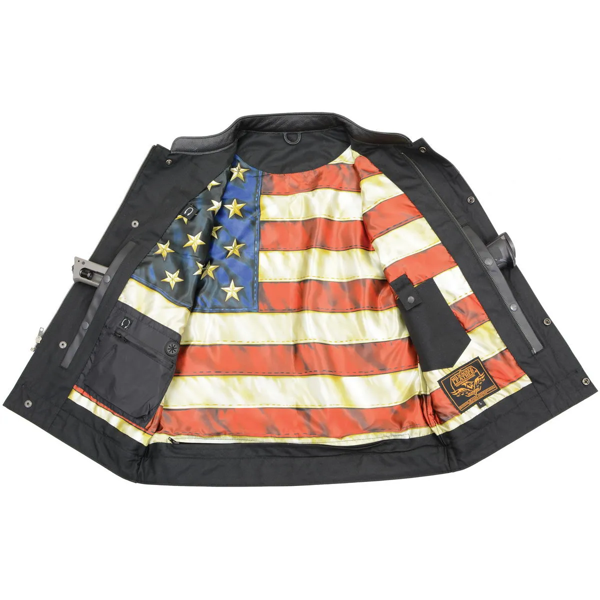 Red Stitching MLM3506 Men's Black Naked Leather Vest - Old Glory Laced Armholes Club Style Vest