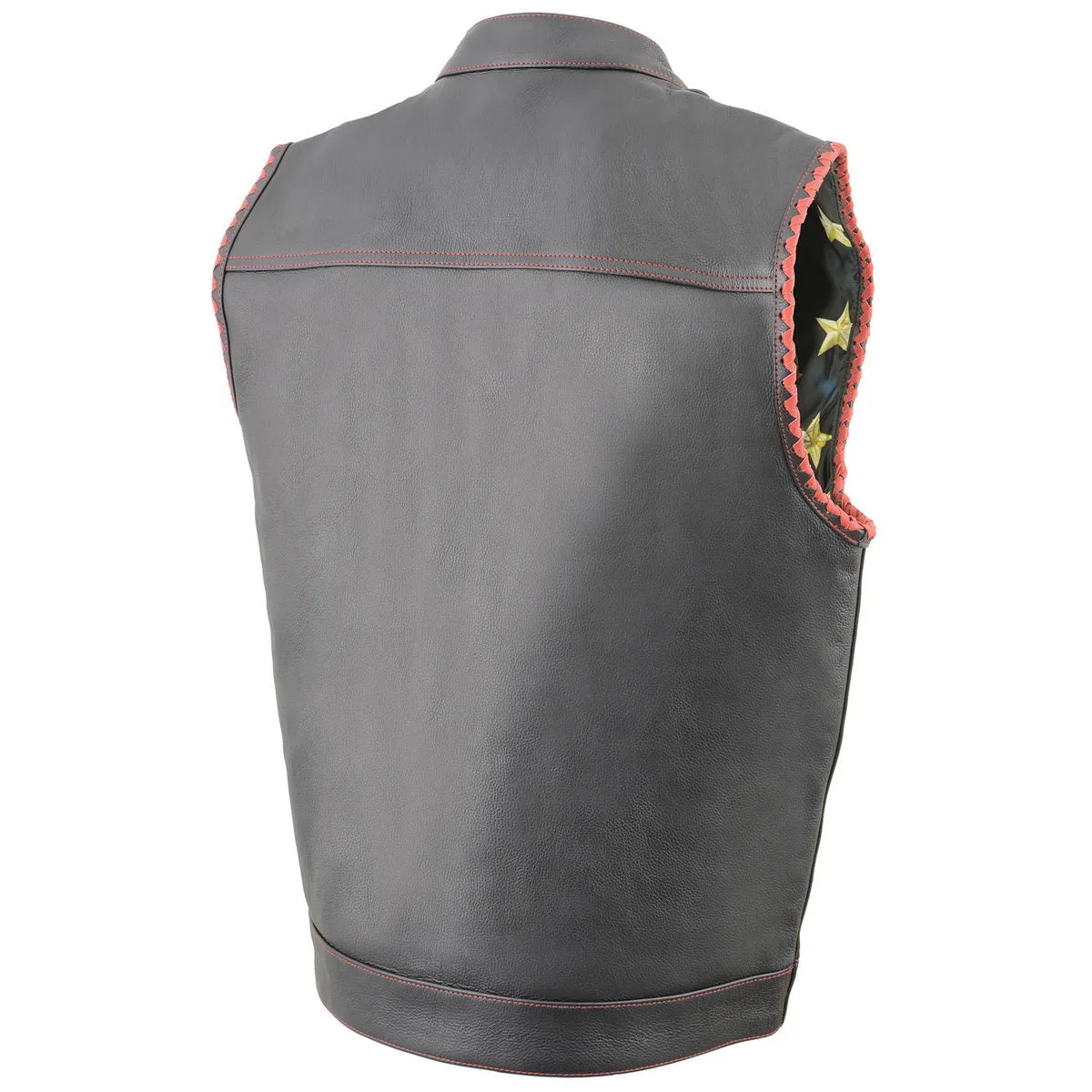 Red Stitching MLM3506 Men's Black Naked Leather Vest - Old Glory Laced Armholes Club Style Vest
