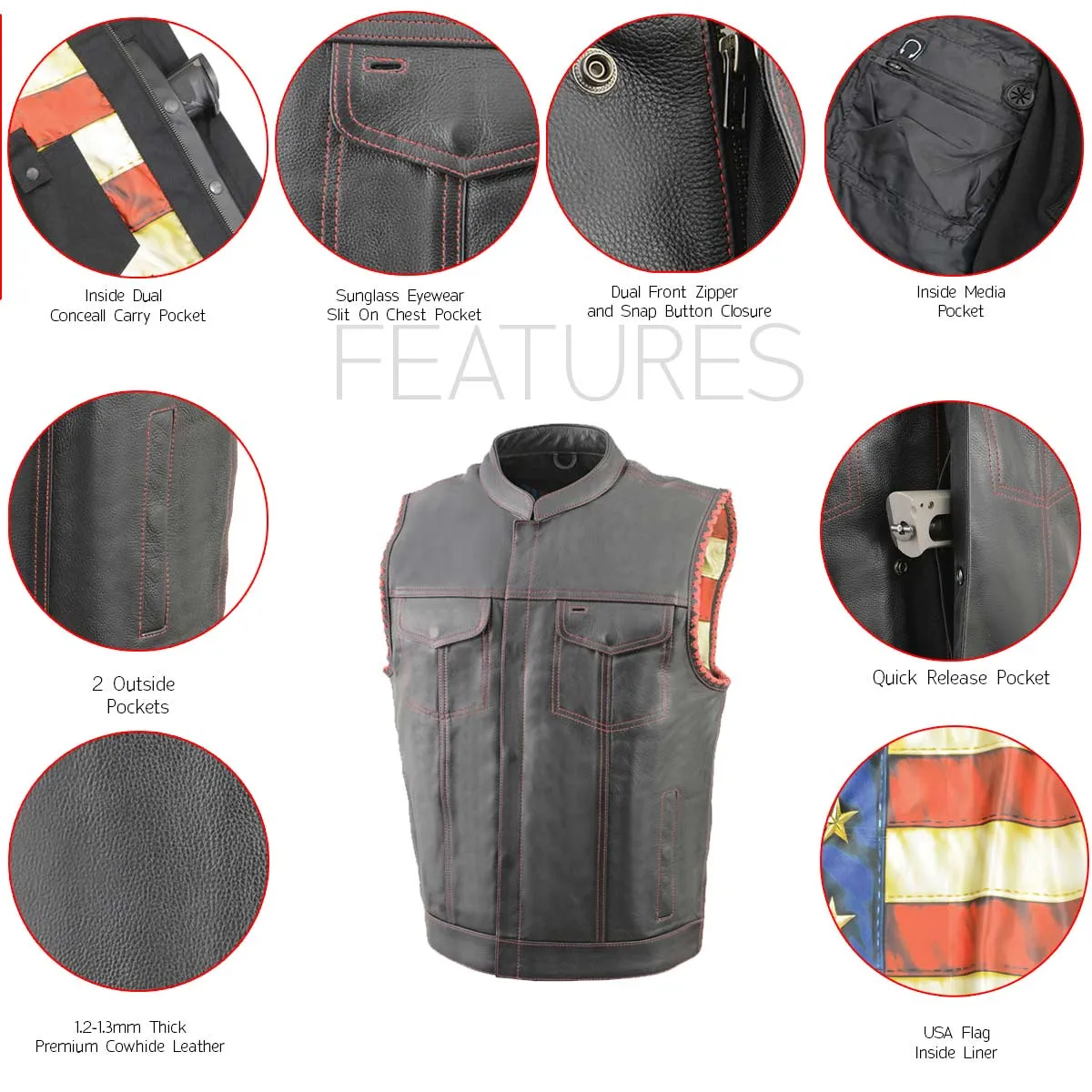 Red Stitching MLM3506 Men's Black Naked Leather Vest - Old Glory Laced Armholes Club Style Vest