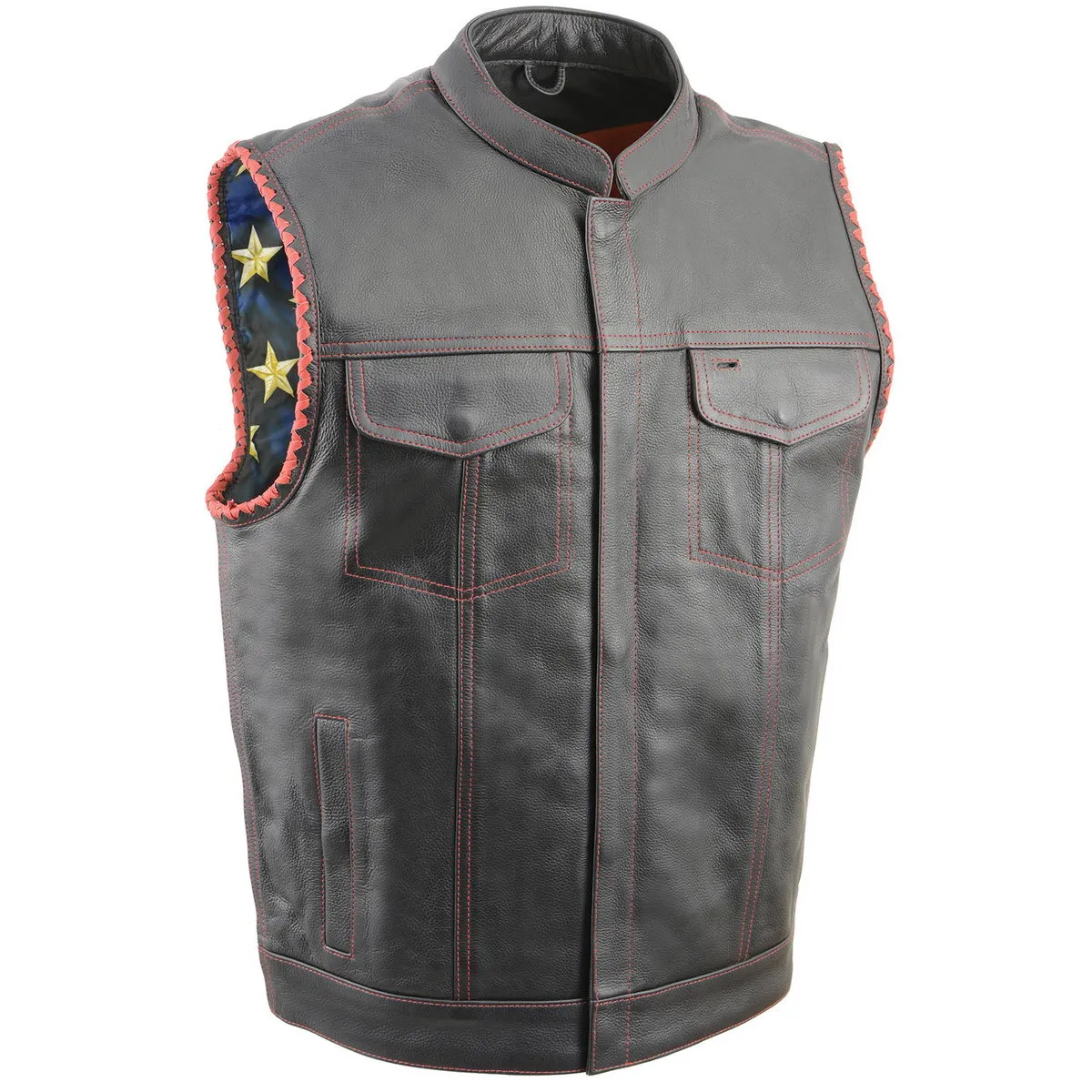 Red Stitching MLM3506 Men's Black Naked Leather Vest - Old Glory Laced Armholes Club Style Vest