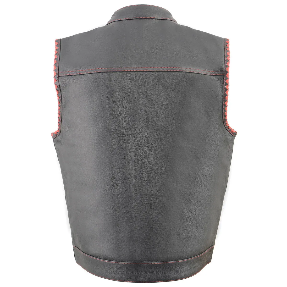 Red Stitching MLM3506 Men's Black Naked Leather Vest - Old Glory Laced Armholes Club Style Vest