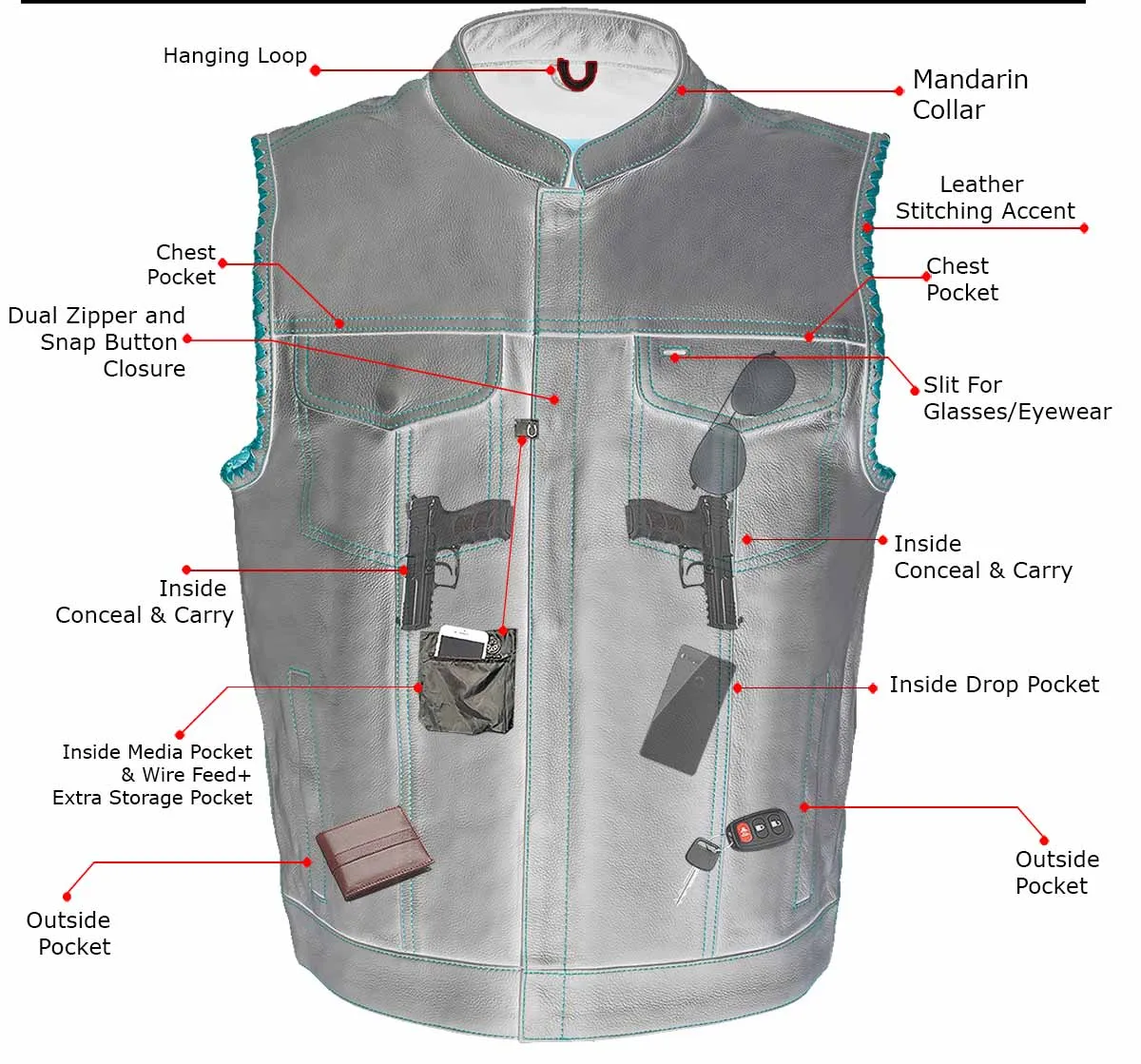 Red Stitching MLM3506 Men's Black Naked Leather Vest - Old Glory Laced Armholes Club Style Vest