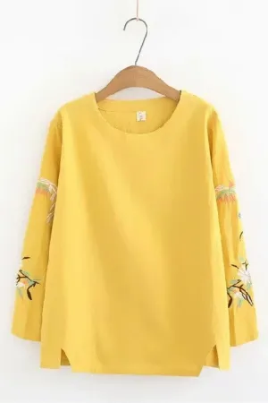 Round Neck Solid Color Blouse
