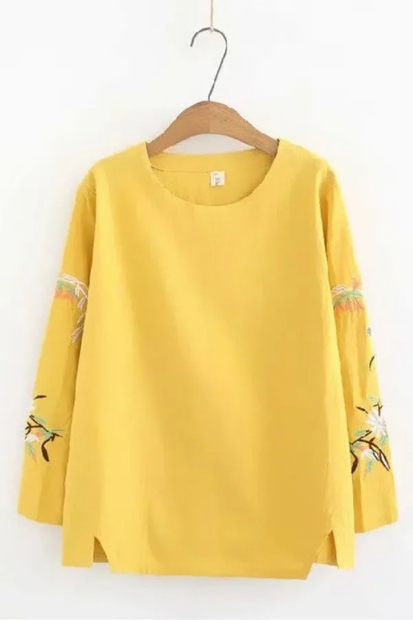 Round Neck Solid Color Blouse