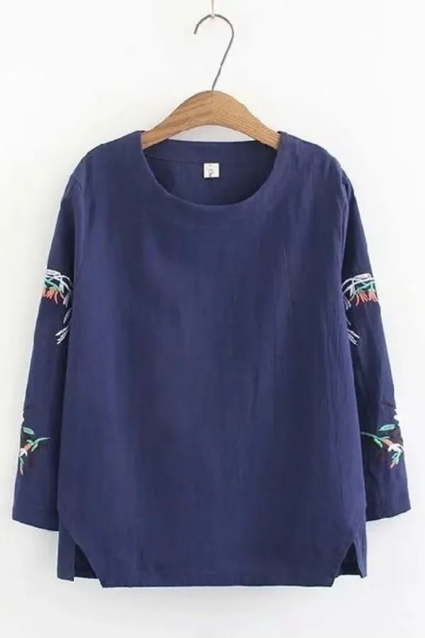 Round Neck Solid Color Blouse