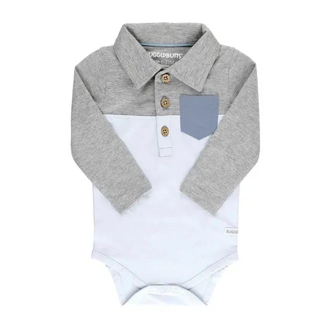 RuggedButts Heather Gray & Antique Blue Color Block Polo Bodysuit