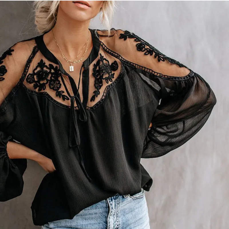 Sexy perspective V-neck lace shirt