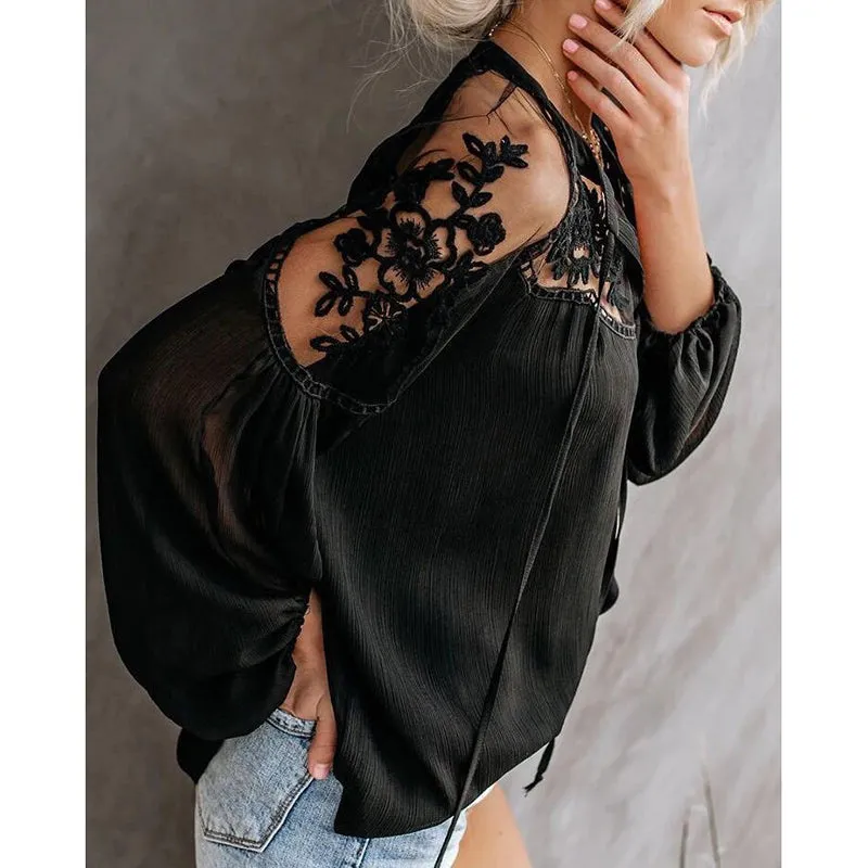 Sexy perspective V-neck lace shirt