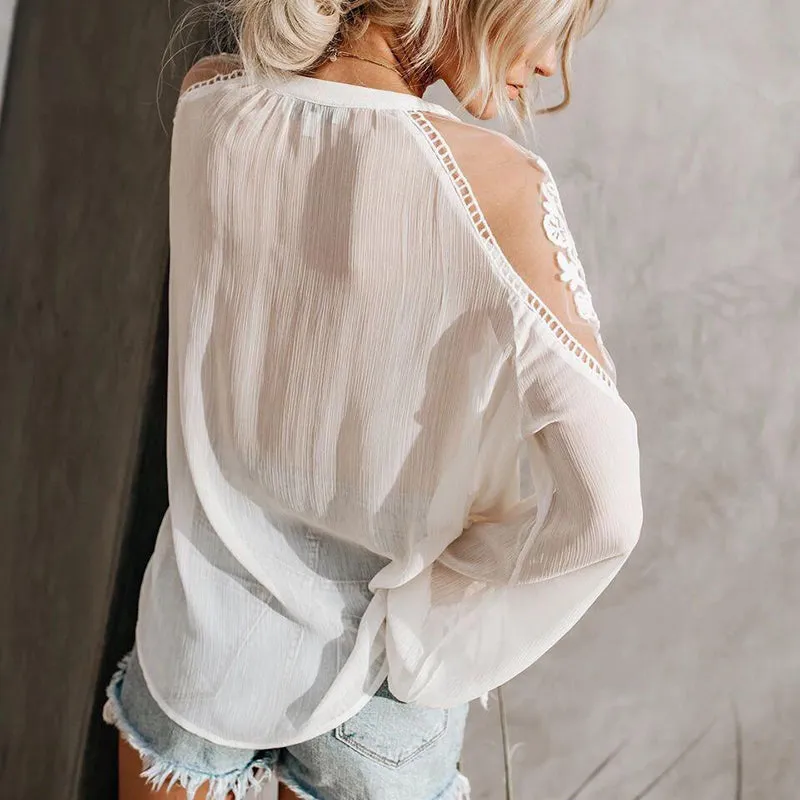 Sexy perspective V-neck lace shirt