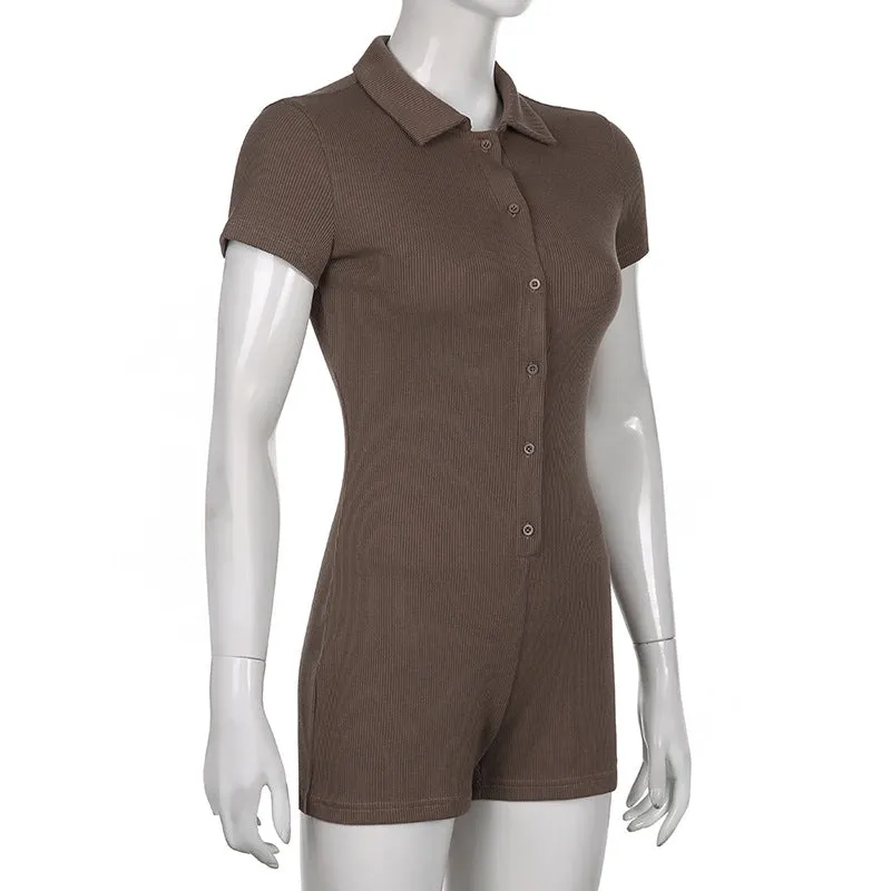 Short Sleeve Ribbed Button Up Romper