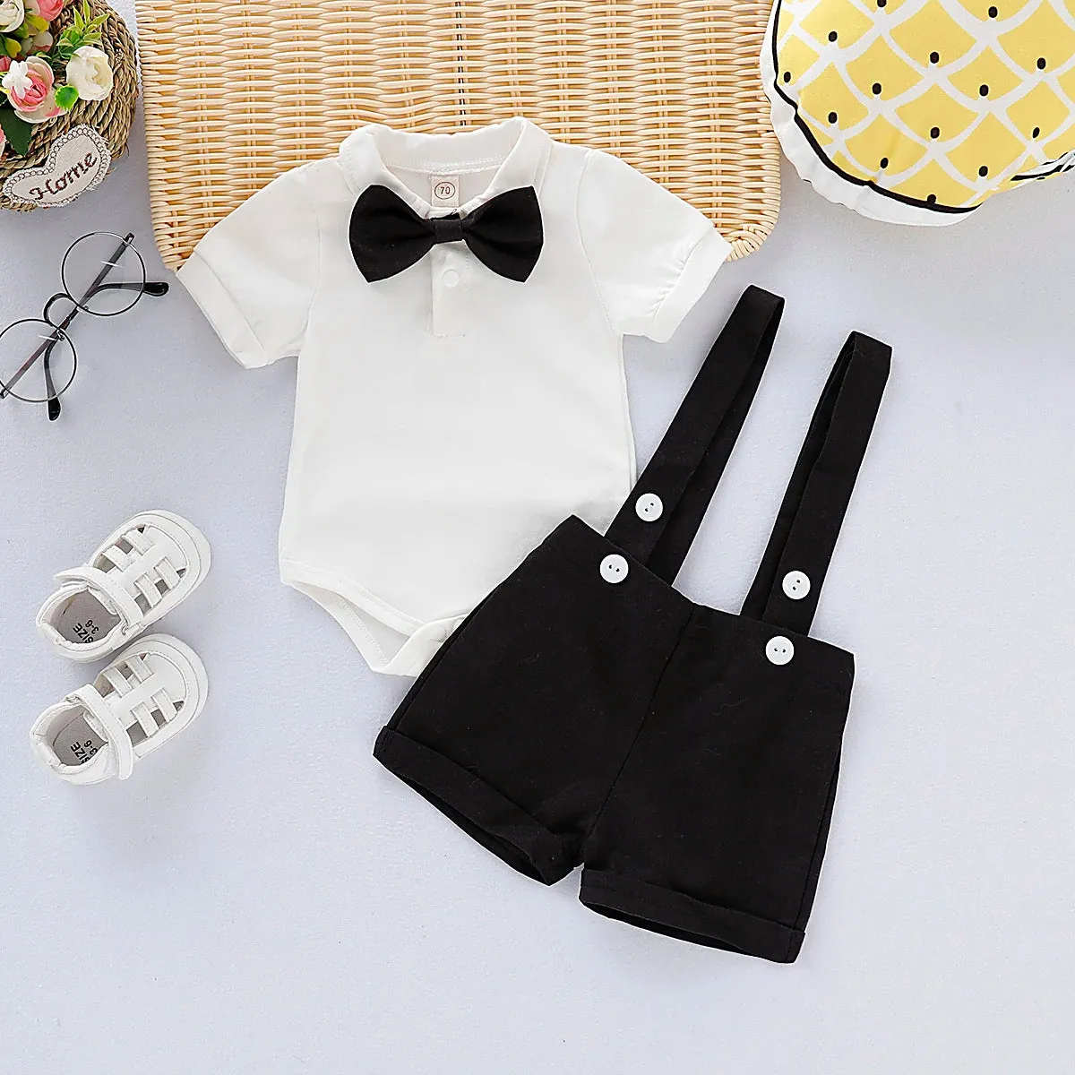 Short Sleeve Romper with Suspender Pant Set