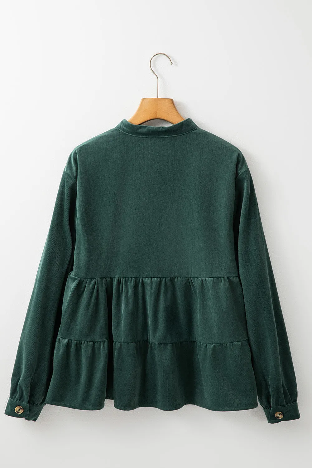 Skobeloff Corduroy Ruffle Tiered Buttoned O Neck Shirt