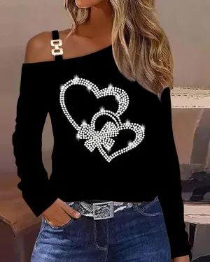 Studded Heart Pattern Cold Shoulder Top