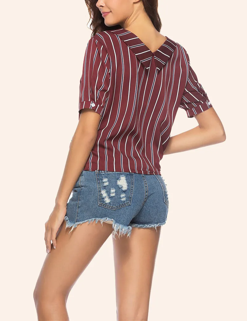 Summer V-neck Striped Lace-up Short-sleeved Shirt